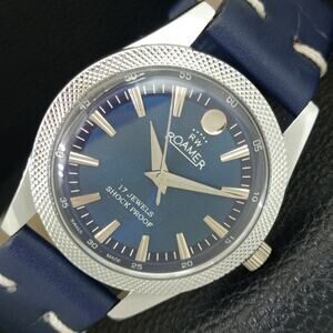 Vintage 1976 Roamer Manual Mens Silver Watch W/Leather Strap & Blue accents